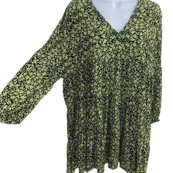 Zara Ditsy Floral Print Flowing Tiered V Neck Mini Dress Black Green Small - Picture 3 of 13